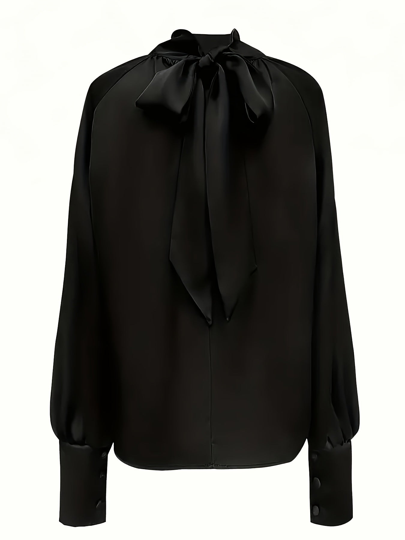 Black Satin Blouse for Women Lantern Sleeves High Neck Loose Fit Button Detail