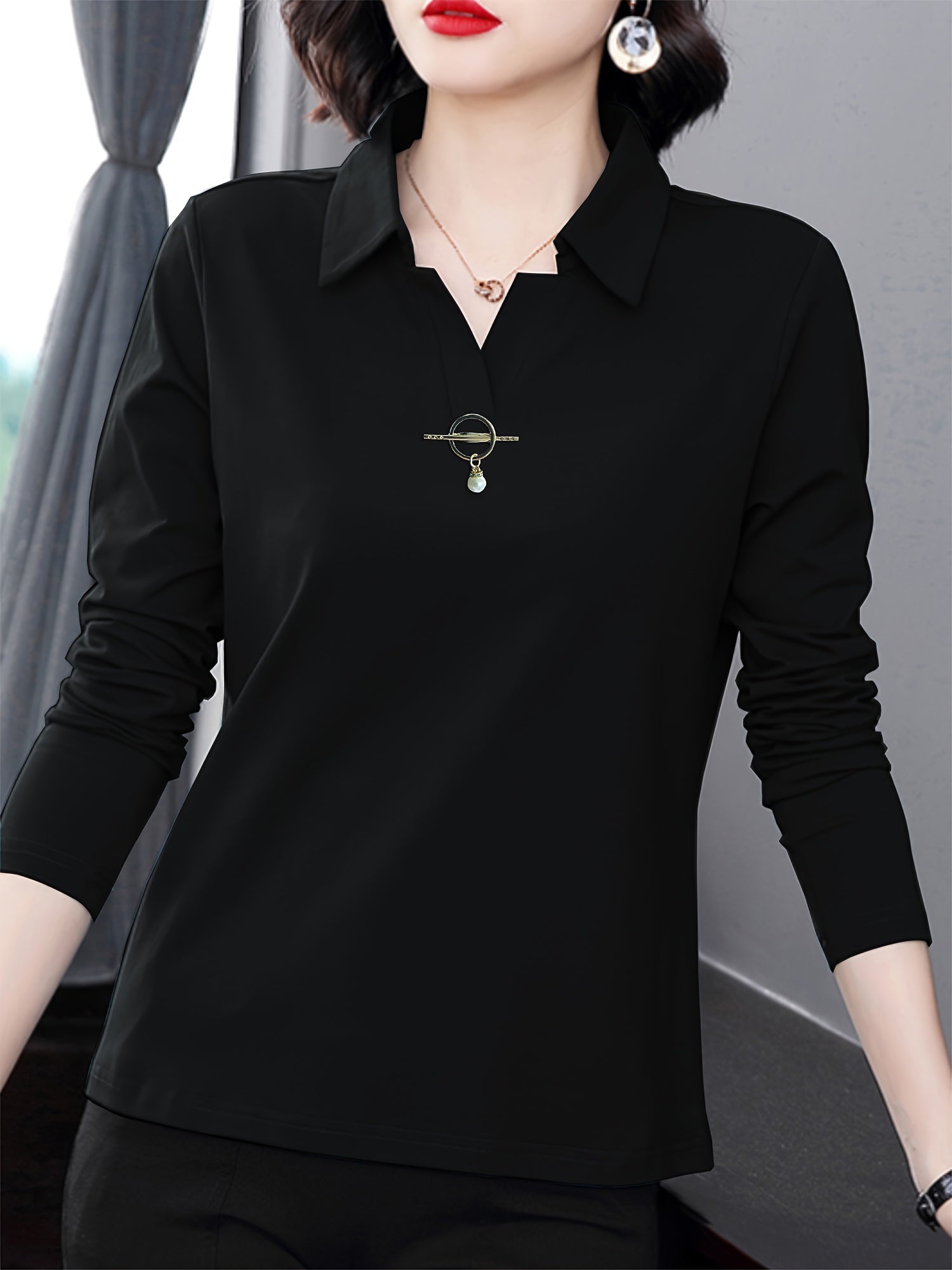 Women's Long Sleeve Solid Color Collared Shirt for Spring and Fall