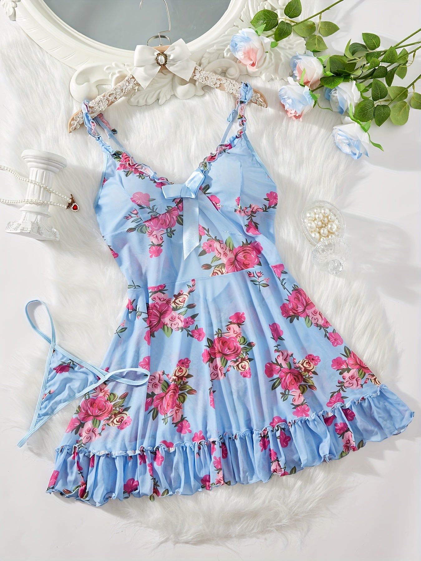 Women's Floral Print Babydoll Dress with Thong Lingerie Set