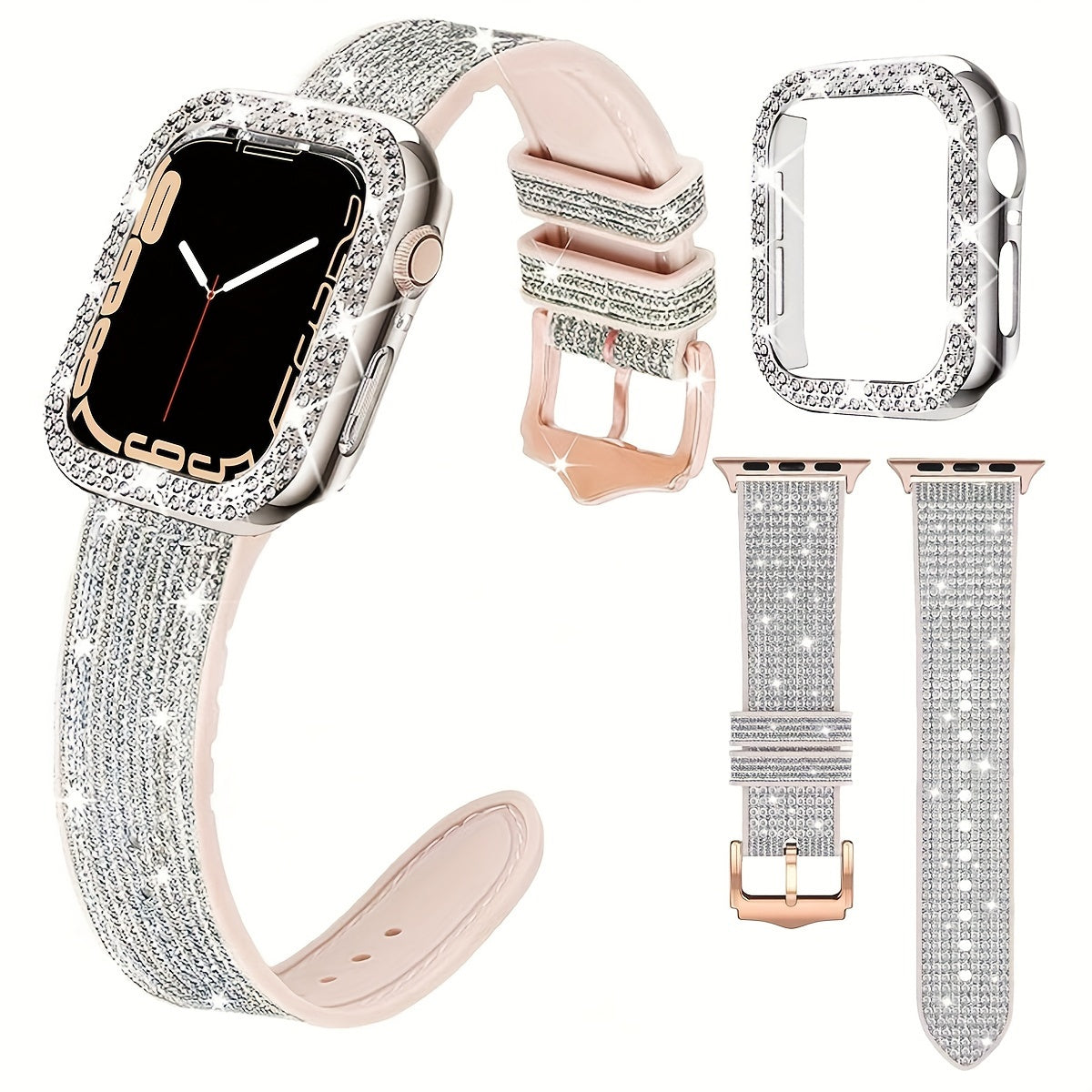 2-Piece Color-Changing Silicone Watch Straps with Rhinestone Hollow Out Case for Apple Watch Series 38mm-49mm