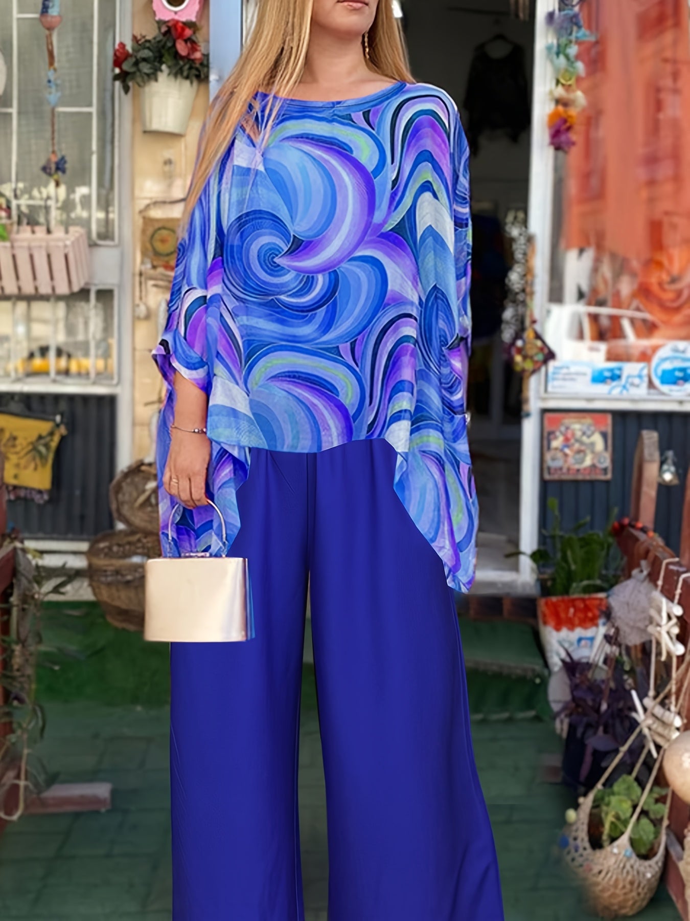 Women's Two-Piece Outfit Abstract Swirl Print Crew Neck Top Black Pants Polyester Blend Spring Summer