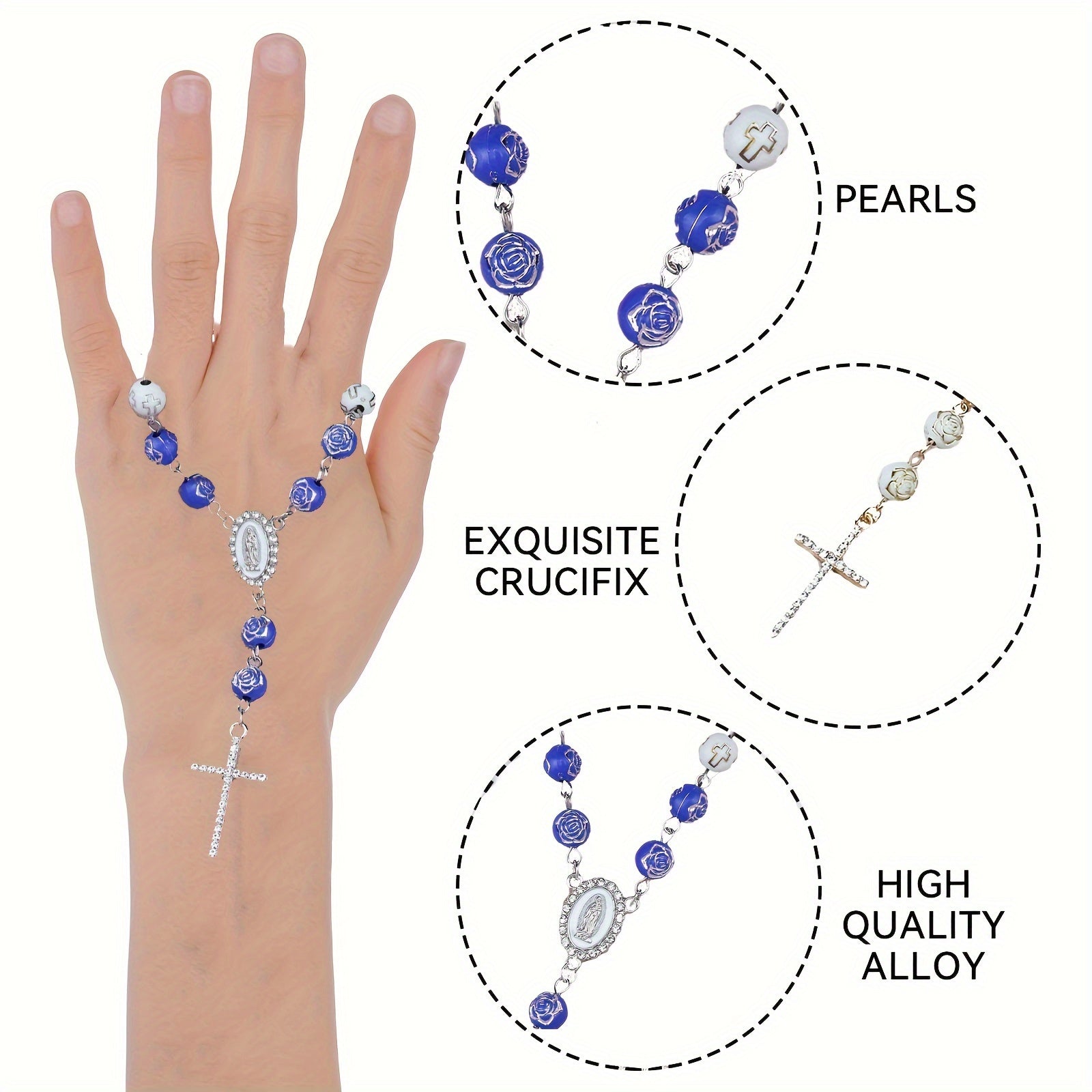 Car Rearview Mirror Beaded Rosary Cross Charm Faux Pearl Alloy Decoration