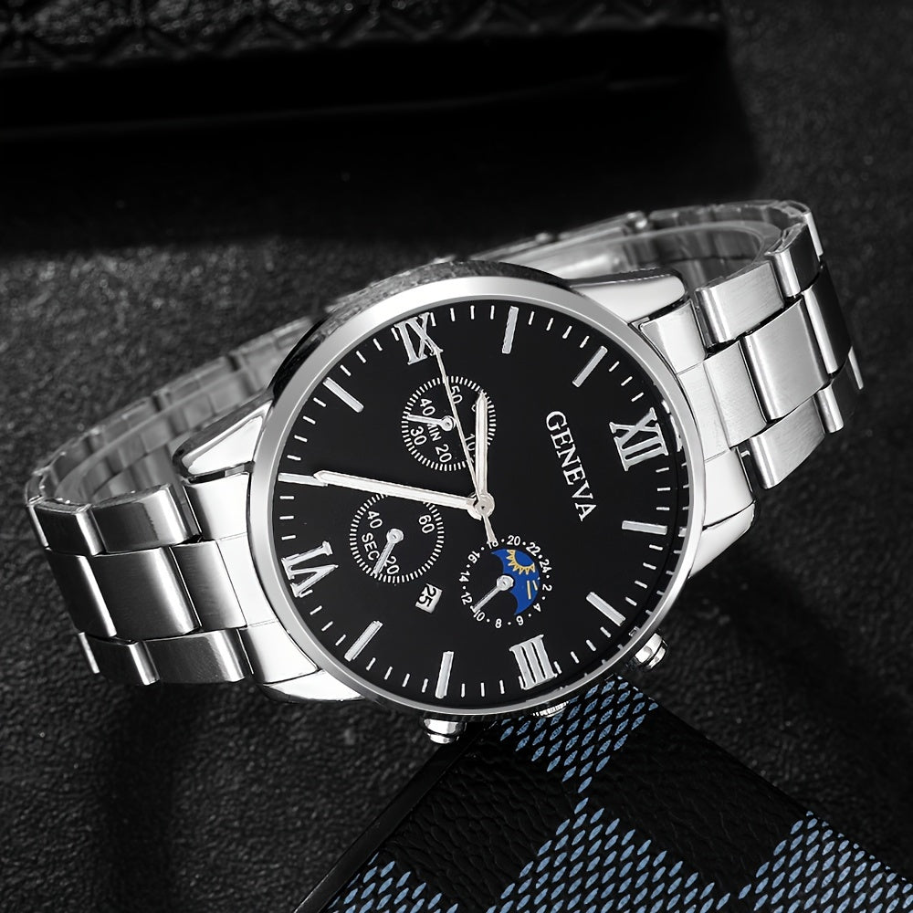 Men's Casual Watch and Jewelry Set with Silver Quartz Watch Cross Pendant Necklace Ring Bracelet