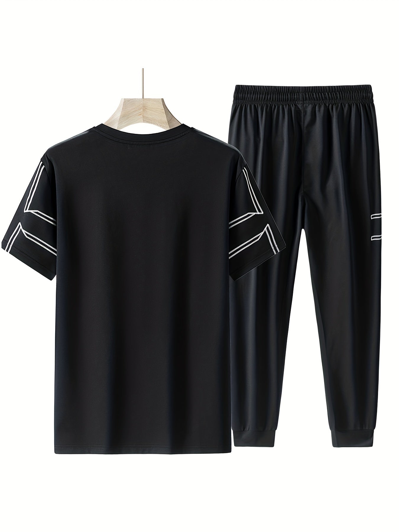 Men's Casual Outfit Geometric Line Pattern T-Shirt and Drawstring Jogger Pants
