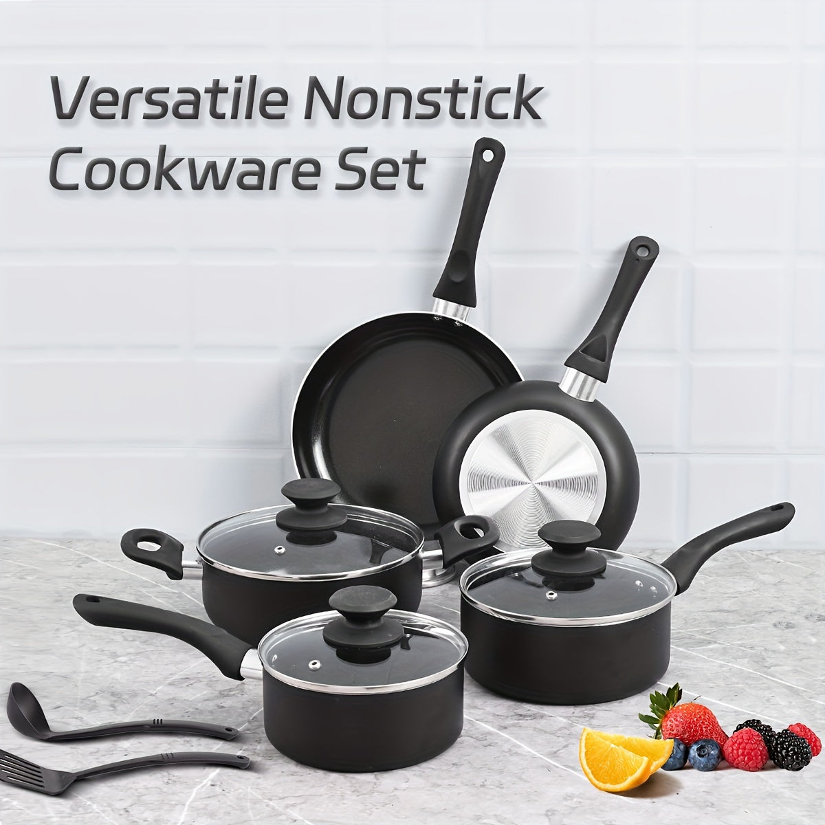 Set of 10 Nonstick Cookware Pots and Pans with Ceramic Coating for Family Use