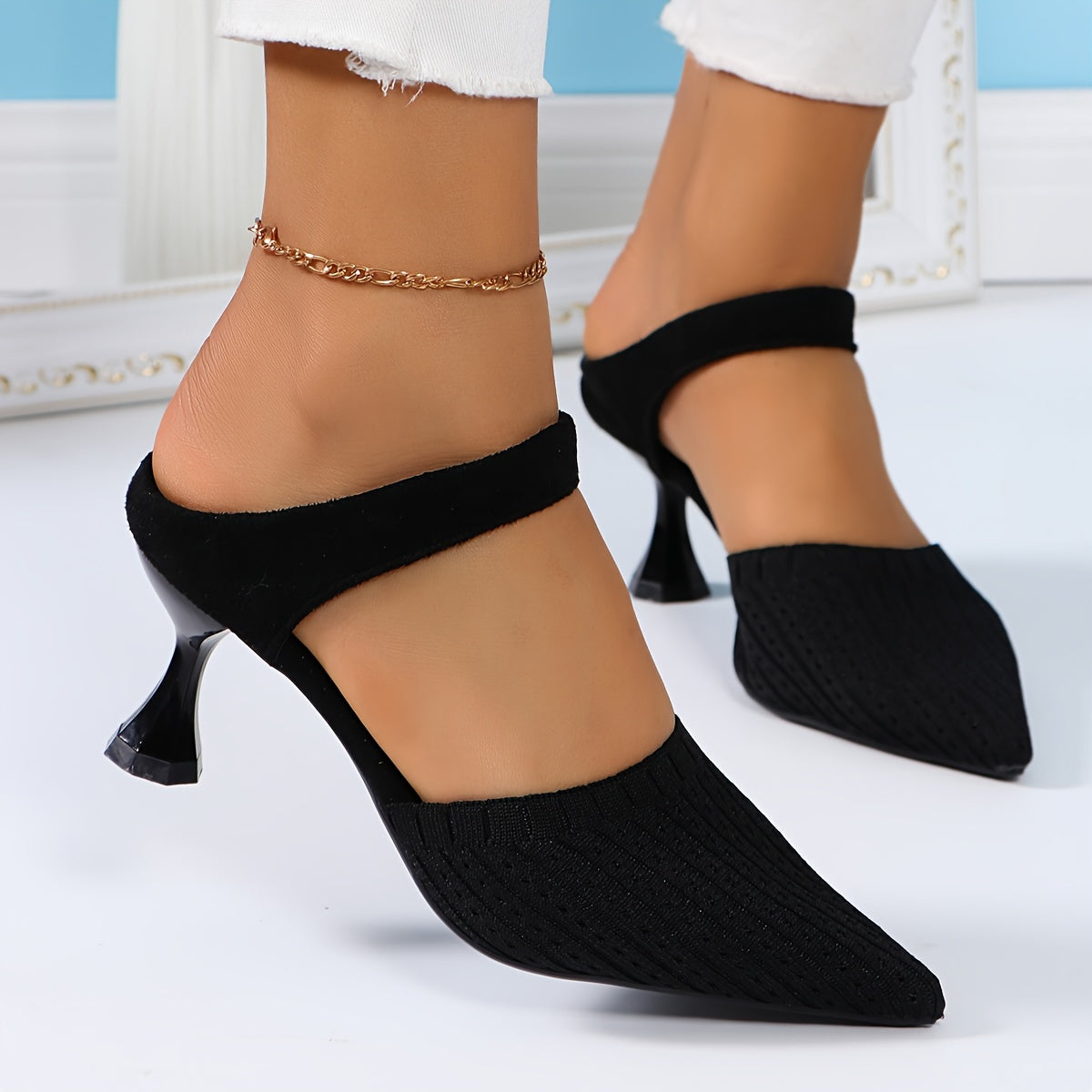 Women's Knit Fabric Slingback Sandals Pointed Toe High Heel