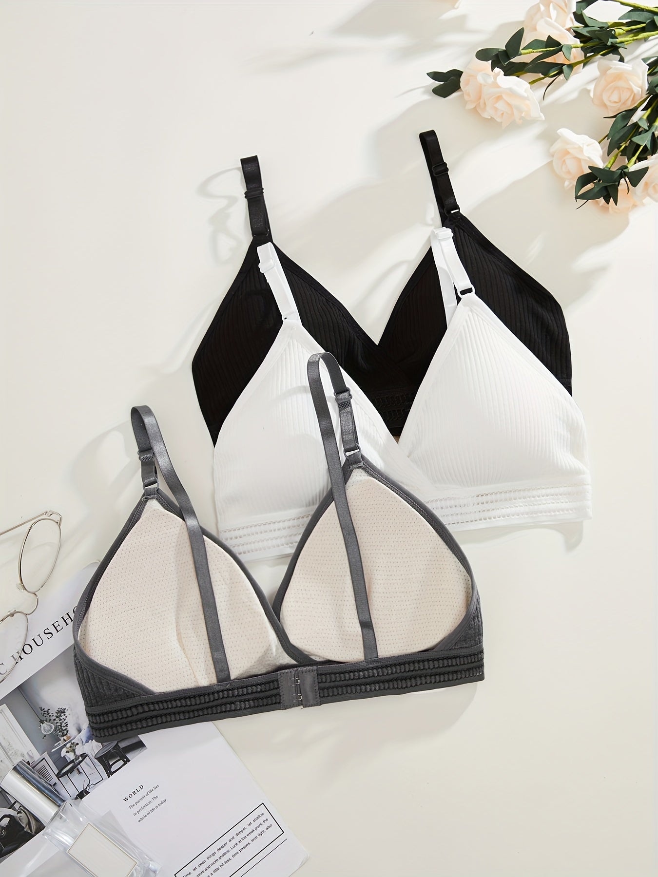 Women's Soft Ribbed Bra Set with Removable Pads in Black White Gray