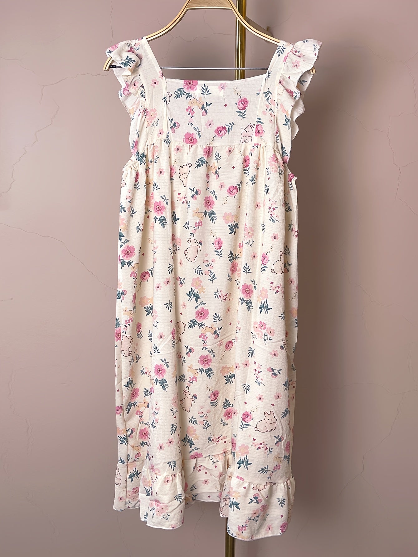 Camisón de mujer con estampado de conejito y flores, mangas con volantes, escote cuadrado, verano, poliéster