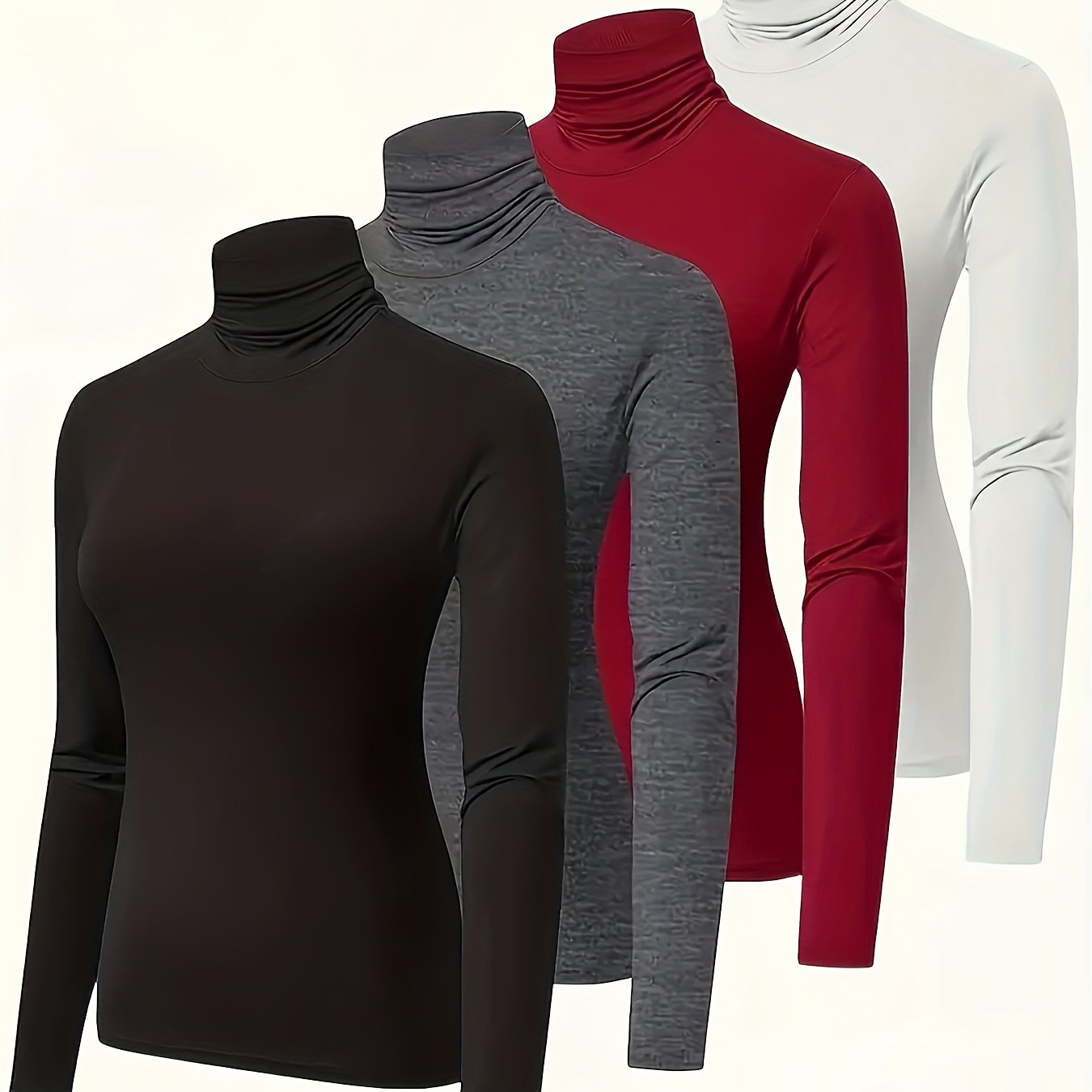 Plus Size Women Solid Color High Neck T-Shirt Long Sleeve Casual Top