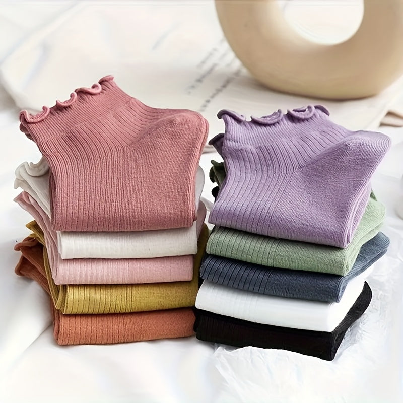 10 пар милых, удобных женских носок до щиколотки, изготовленных из 95% полиэстера и 5% эластана. Однотонная вязаная ткань, которую можно стирать в машине.