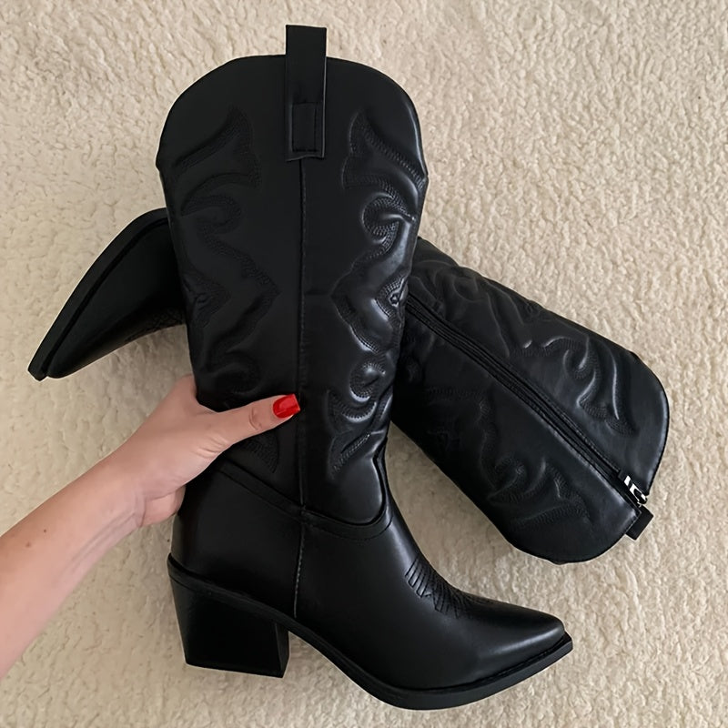 Women’s Western Cowgirl Boots Pointed Toe Chunky Heel All-Season Black Synthetic