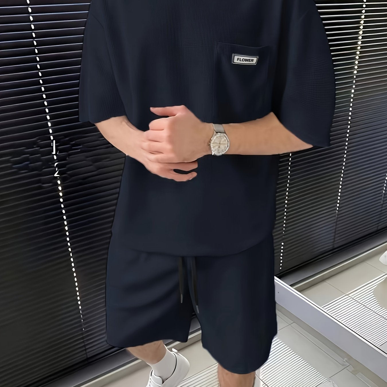 Men's Summer Casual Polyester Knit Shorts Sports Suit Solid Color Crew Neck Regular Fit