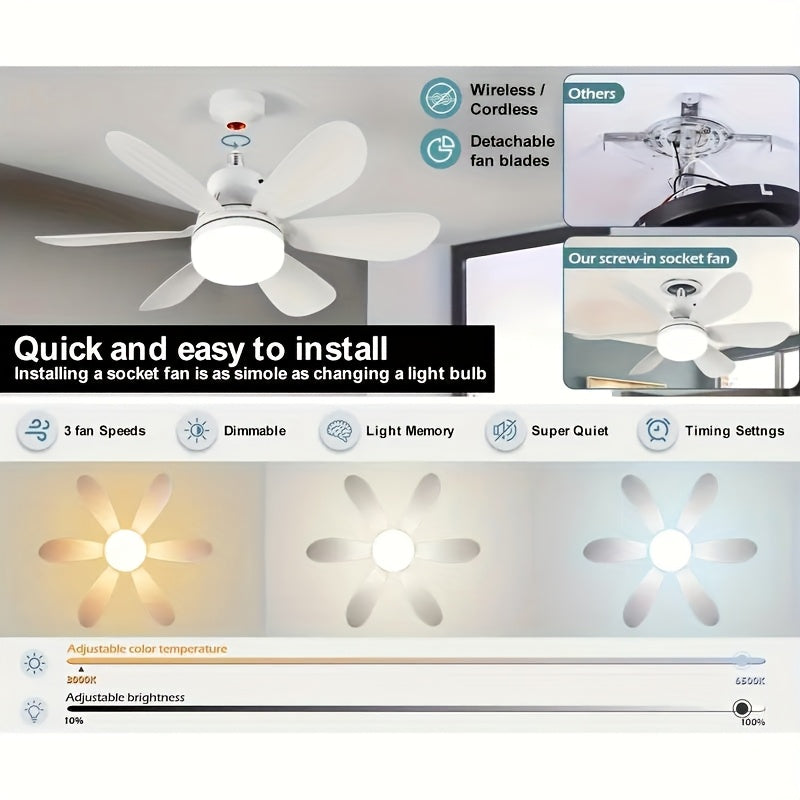 E27 Smart Ceiling Fan with Light 3-Color Adjustable Remote Control Quiet Operation for Living Room Bedroom Kitchen
