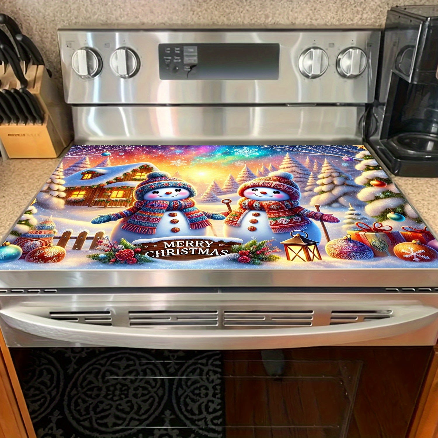 Christmas Snowman Stove Top Protector Waterproof Anti-Slip Cover for Electric Glass Cooktops