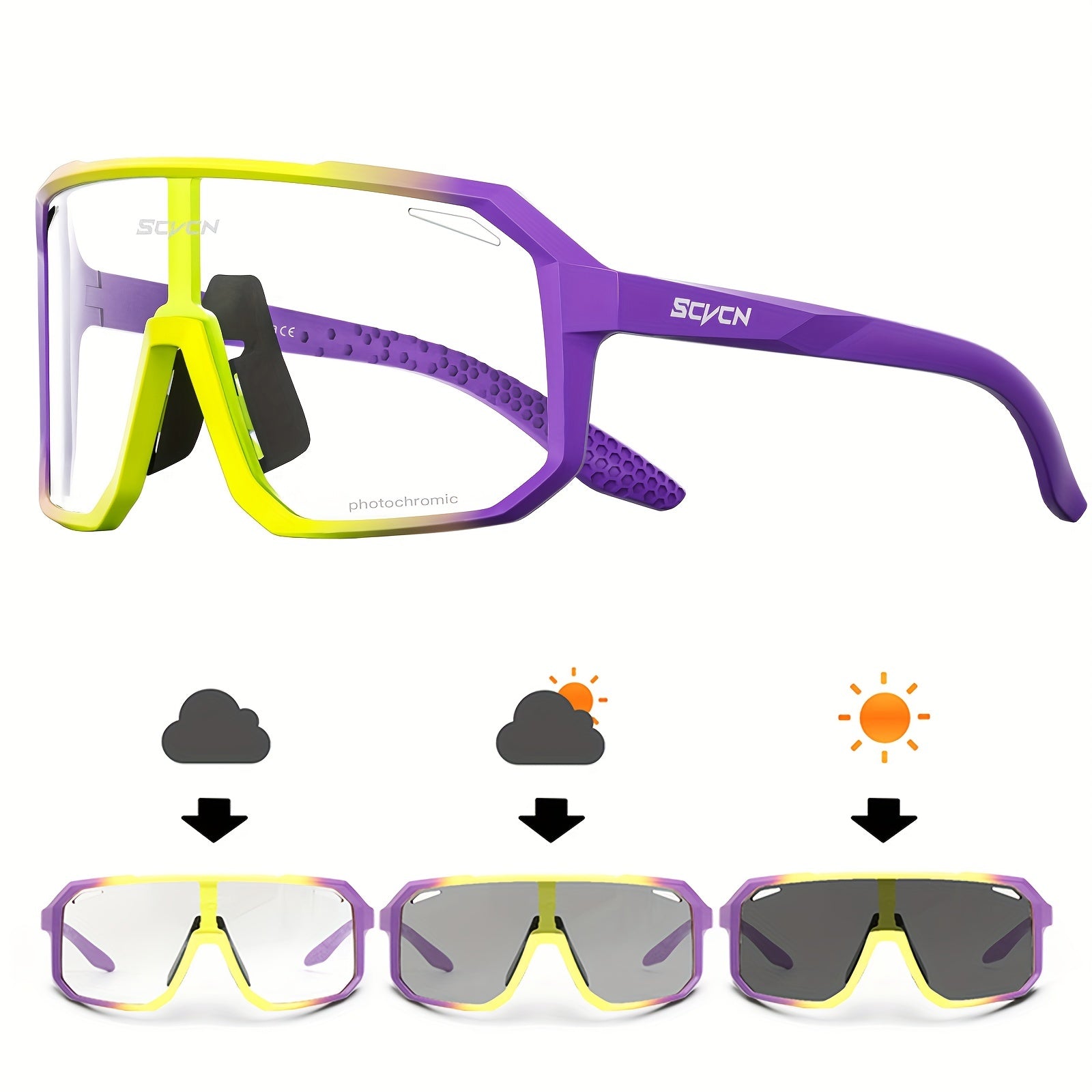 SCVCN Glasses equipped with photochromic lenses specially crafted for cycling, road driving, mountain running, and other outdoor sports. These glasses offer protection against wind for both men and women.