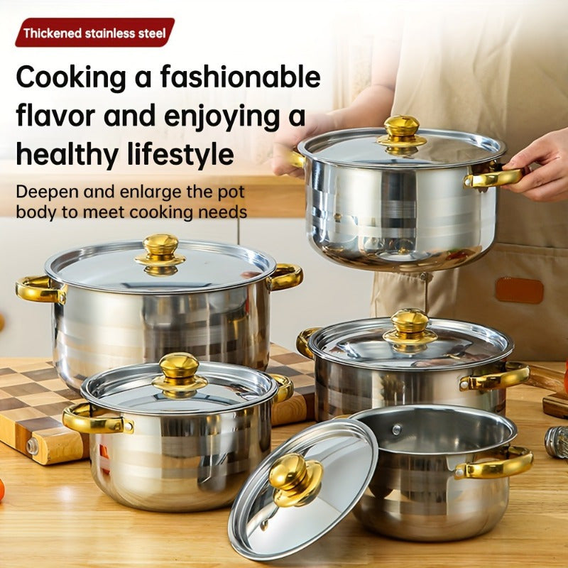 Stainless Steel Cooking Pots Set with Lids, Deep Soup Pots, Durable Material