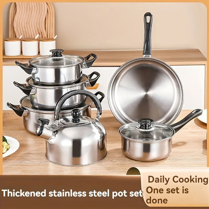 12-Piece Stainless Steel Cookware Set with Black Handles Non-Electric Kitchen Essential