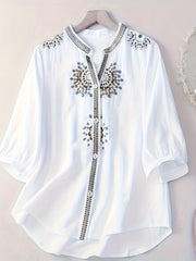 Women's Embroidered Short Sleeve Blouse Breathable Polyester Semi-Sheer Stand Collar