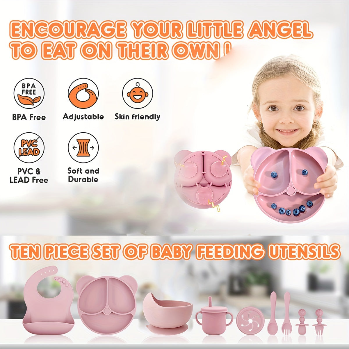 Toddler Feeding Set with Suction Cup Dividers Spoon Fork Straw Cup Bib 10-Piece BPA-Free Silicone Pink Animal Print