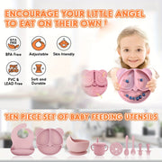 Набор для кормления малышей с присосками, делителями, ложкой, вилкой, чашкой с трубочкой, нагрудником - 10 предметов из силикона без BPA в розовом животном принте. Безопасно для микроволновой печи и духовки - идеально для самостоятельного кормления.