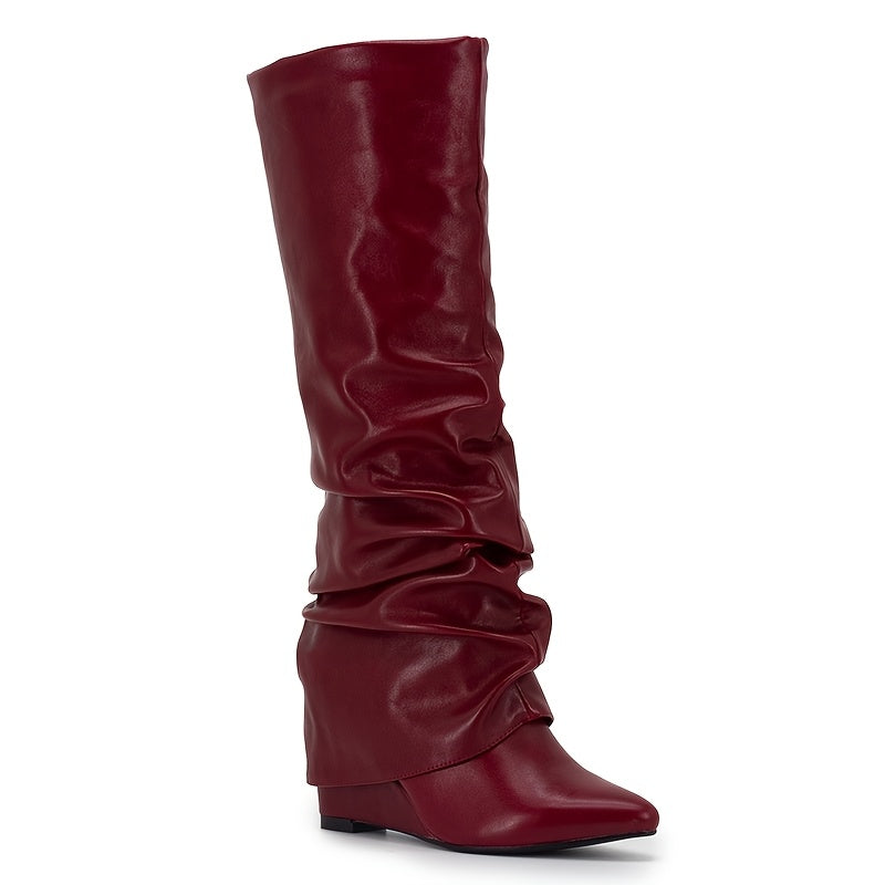 Women's Knee-High Wedge Heel Boots with Zipper and Pointed Toe