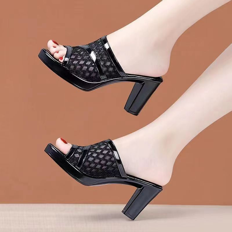 Women's Black Fishnet Slide Sandals with Chunky Heel Open Toe