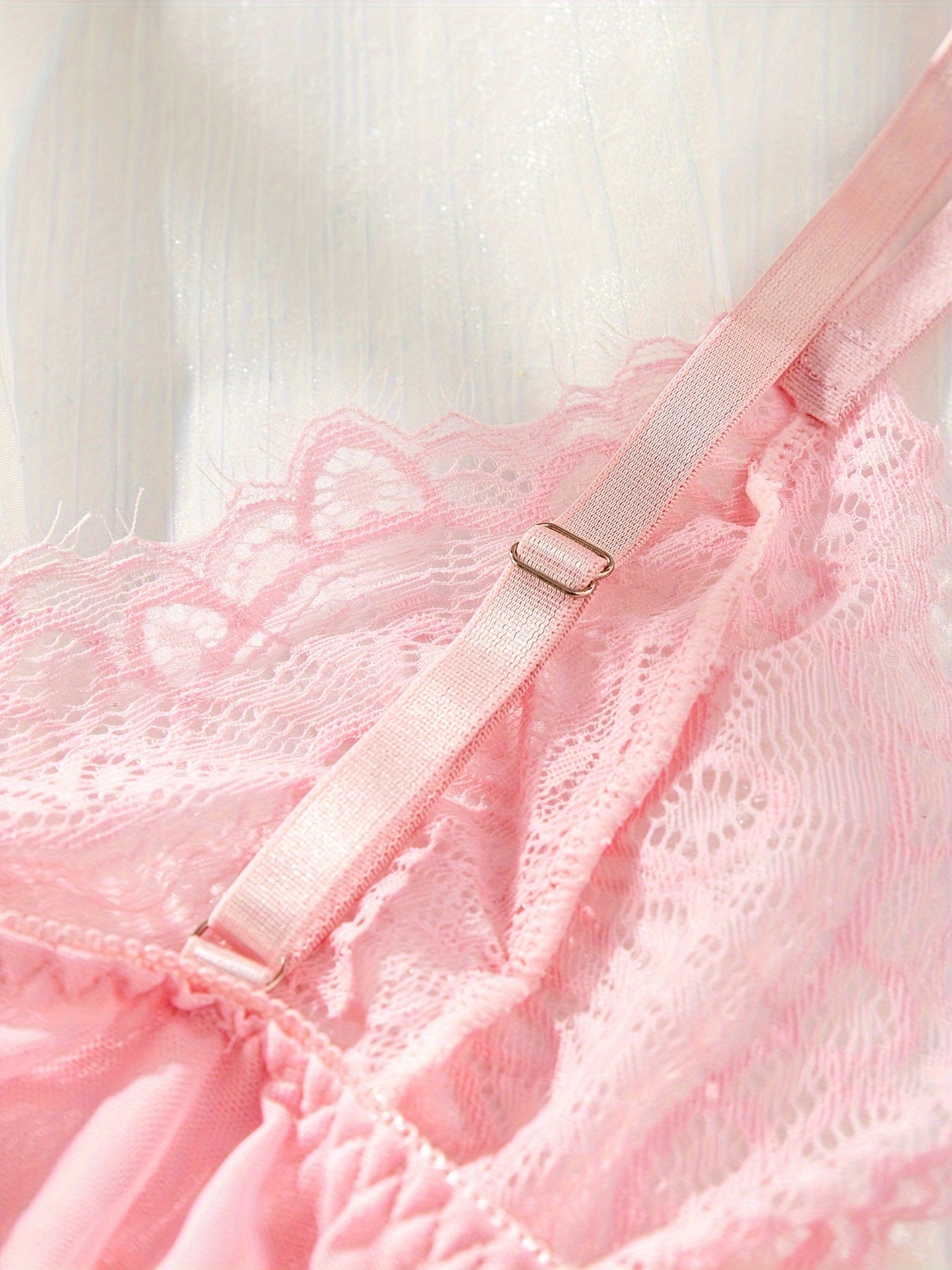 Pink Lace Nightgown Set with Satin Bow, Adjustable Straps, Sheer Boudoir