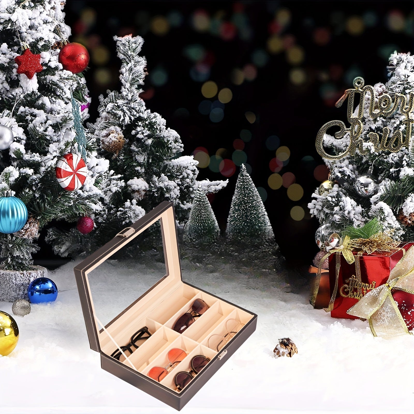 Ko'zoynaklar uchun ko'rgazma qutisi, 8 ta bo'sh joyli, charm va shisha yopqichli saqlash tashkilotchisi