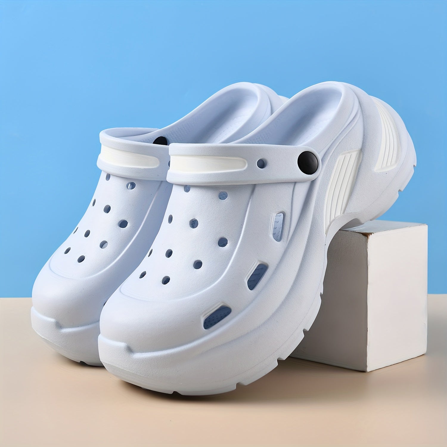 Women’s EVA Clogs Non-Slip Summer Casual Sandals White Blue Accents