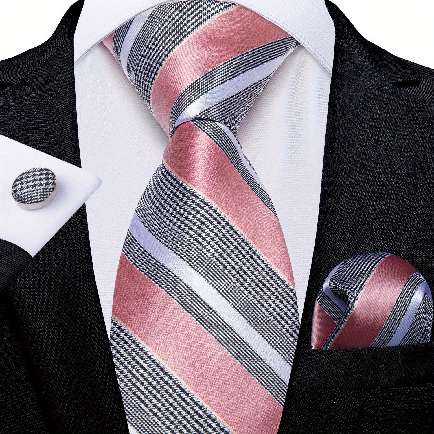 Men's Striped Necktie Set with Handkerchief and Cufflinks for Weddings and Business