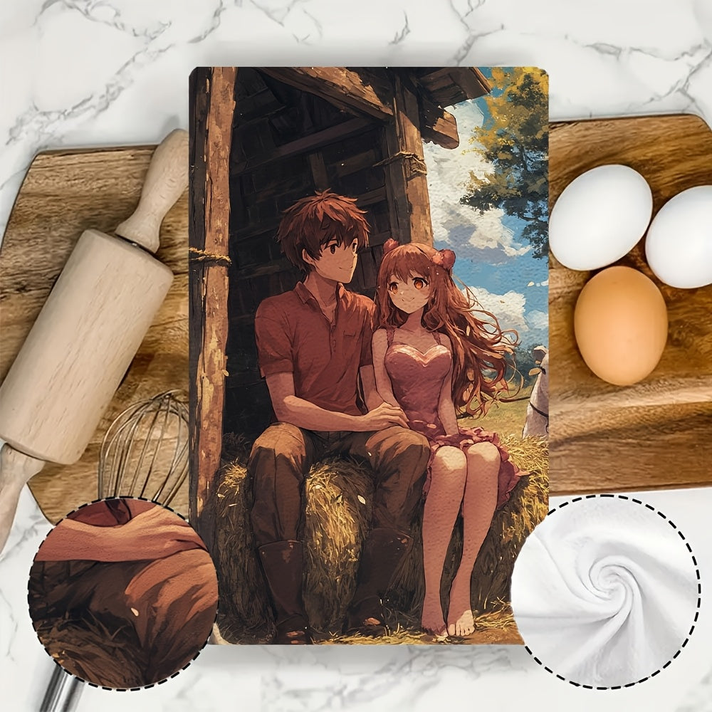 Set of 2 Ultra-Soft Kitchen Towels Anime Couple Heart Hay Bale Farm Absorbent 40x60 cm