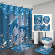 Diamond Dolphin Print Shower Curtain Set Waterproof Polyester Bathroom Decor with Hooks Bath Mat Rug and Toilet Lid Cover