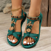Women's Bohemian Floral Summer Sandals Open Toe Adjustable Strap Green