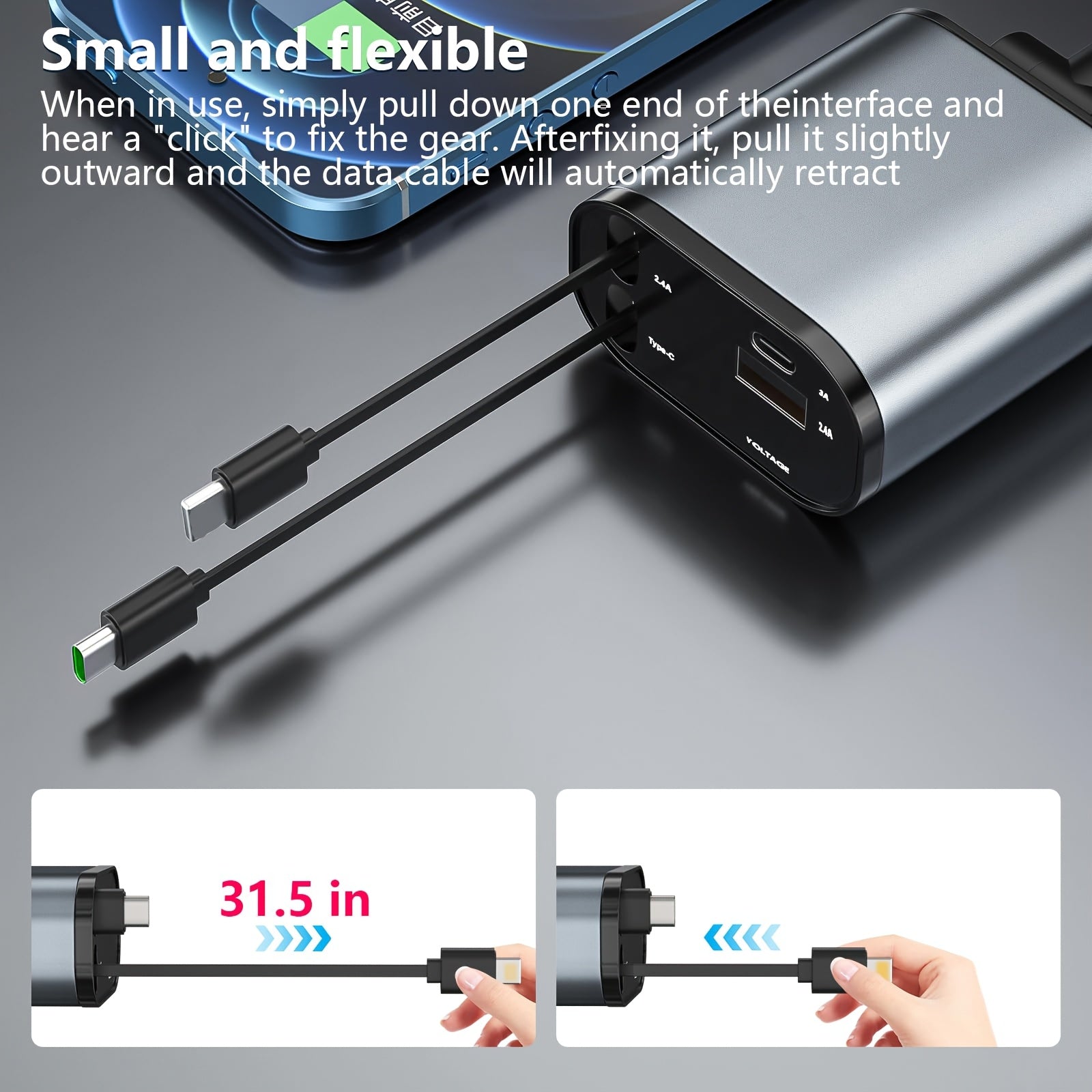 Compact Car Charger with Dual Retractable Cables and Dual USB Ports for iPhone Samsung Pixel