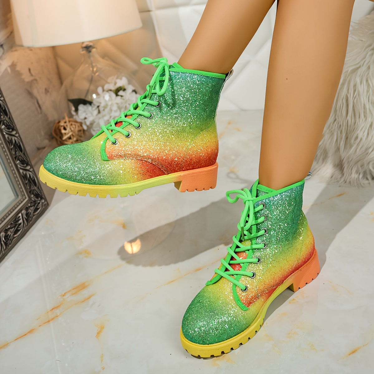 Women's Colorful Gradient Print Platform Ankle Boots with Glitter Accents