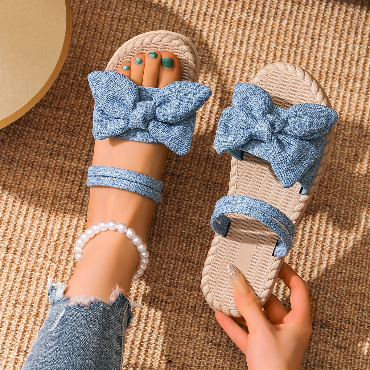 Women's Breathable Fabric Slip-On Open-Toe Sandals with Black Bow