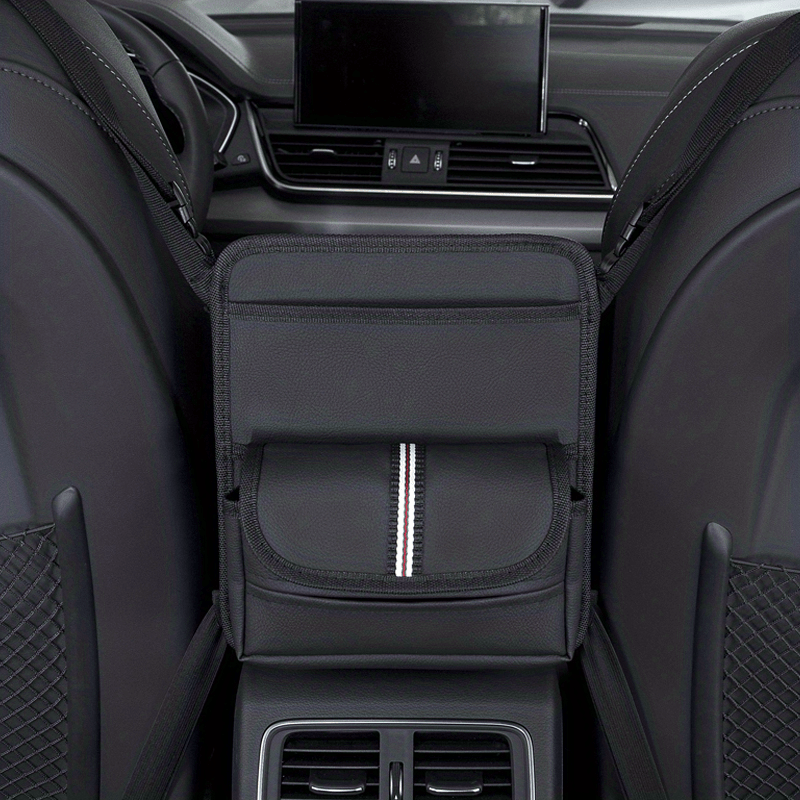 Organizador de asiento de coche con portavasos y caja de pañuelos de cuero PU negro