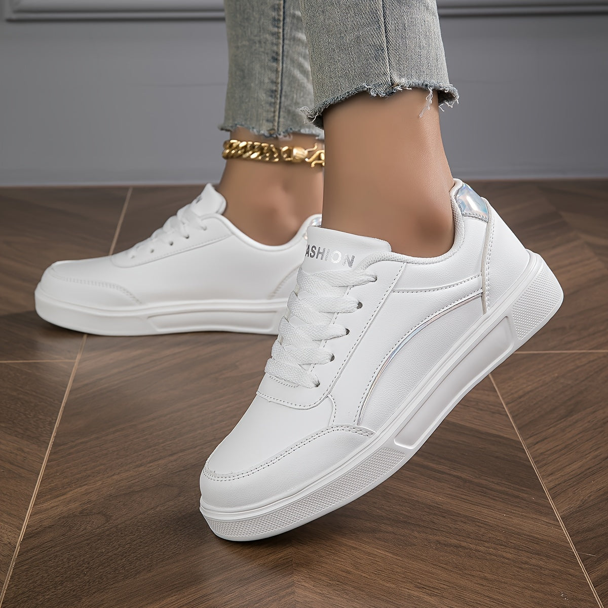 White Lightweight Casual Sneakers for Men with Round Toe and Lace-Up Closure