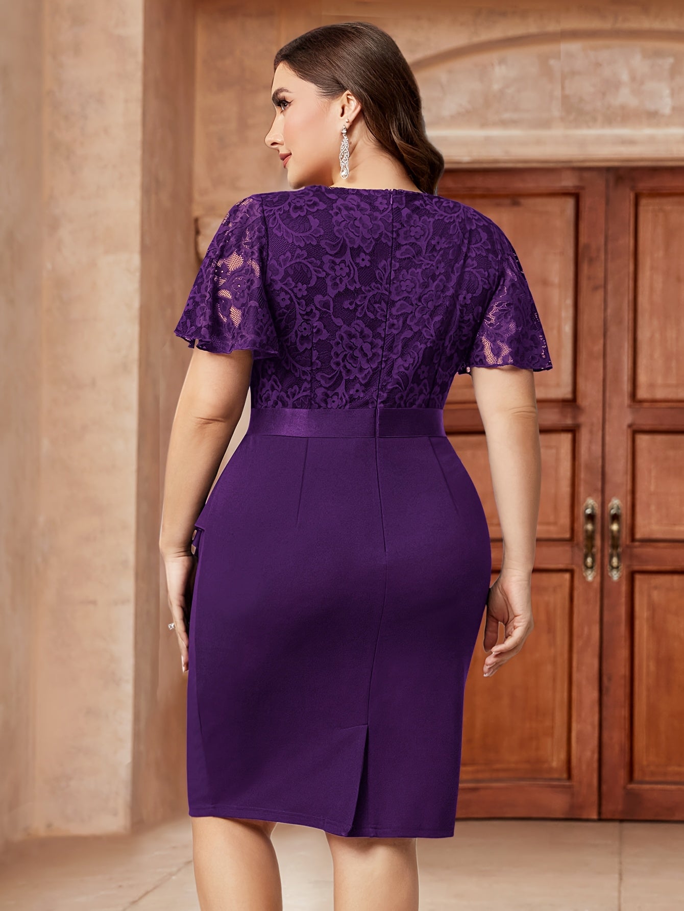 Women V-Neck Floral Lace Ruffle Sleeve Bodycon Dress with Wrap Hem