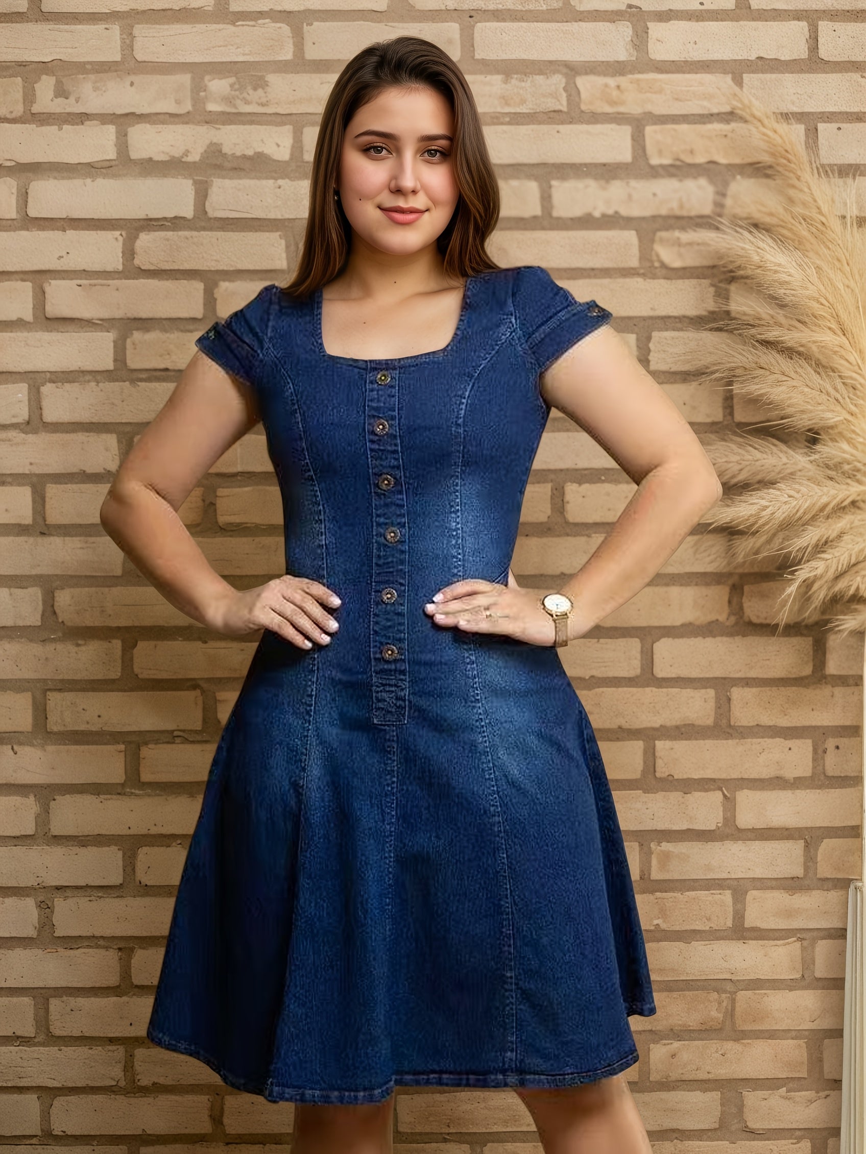 Plus Size Women's Stretchy Navy Blue Square Neck Dress A-Line Midi Casual to Formal