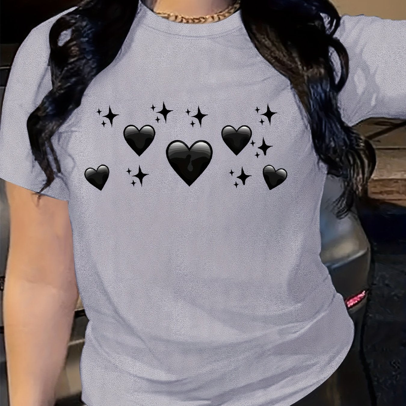 Women's Oversized Bright Pink T-Shirt with Black Heart & Star Print Casual Top