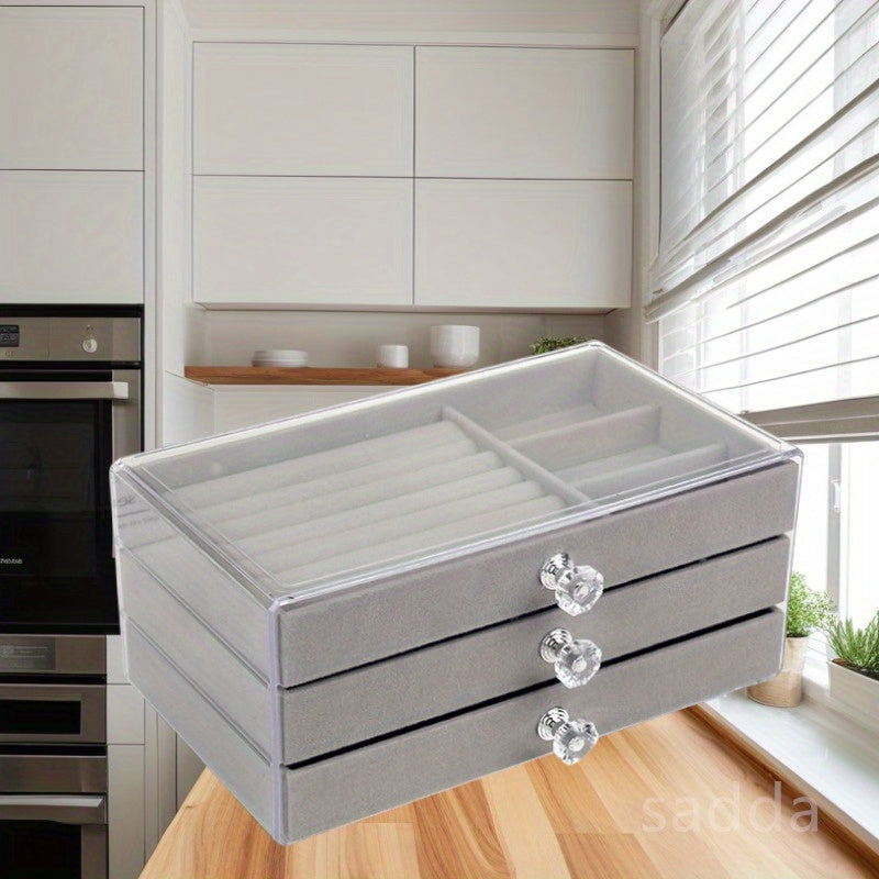 Acrylic Jewelry Storage Box with 3 Drawers and Crystal Knobs for Earrings Rings Necklaces and Bracelets