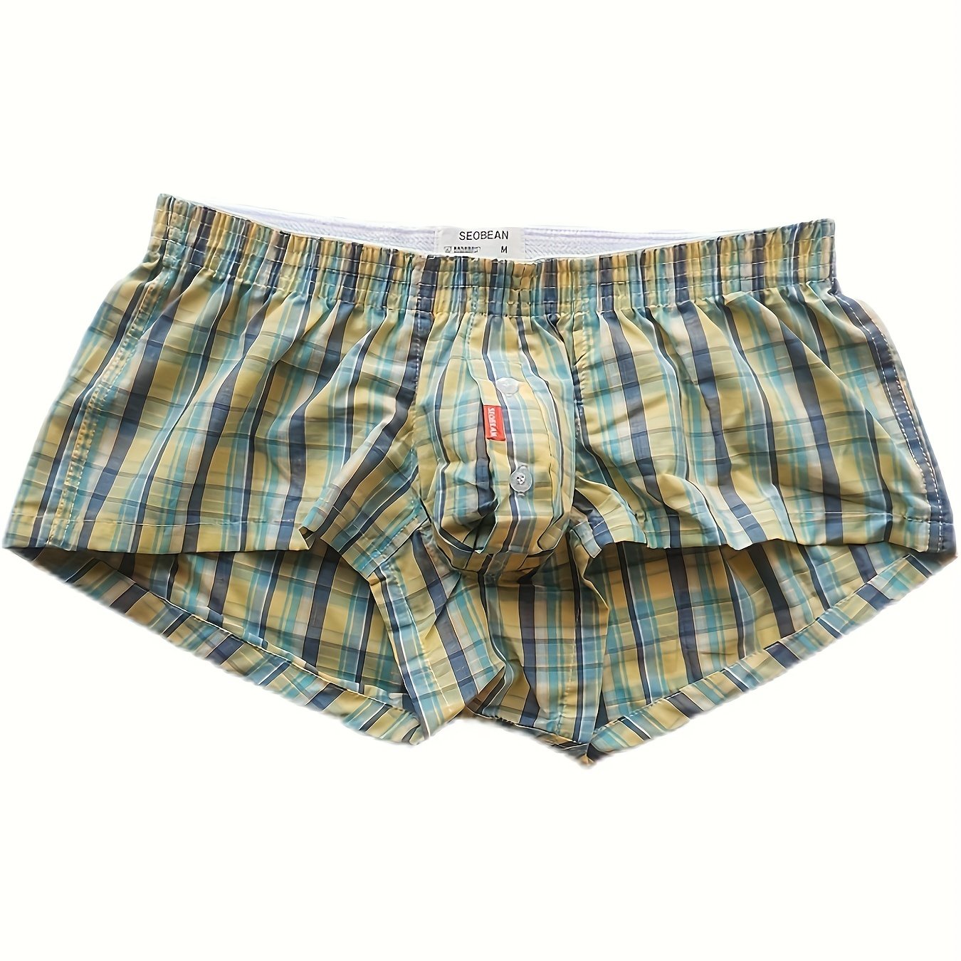 Men's Low Waist Cotton Plaid Underwear with Front Button Opening Shortie