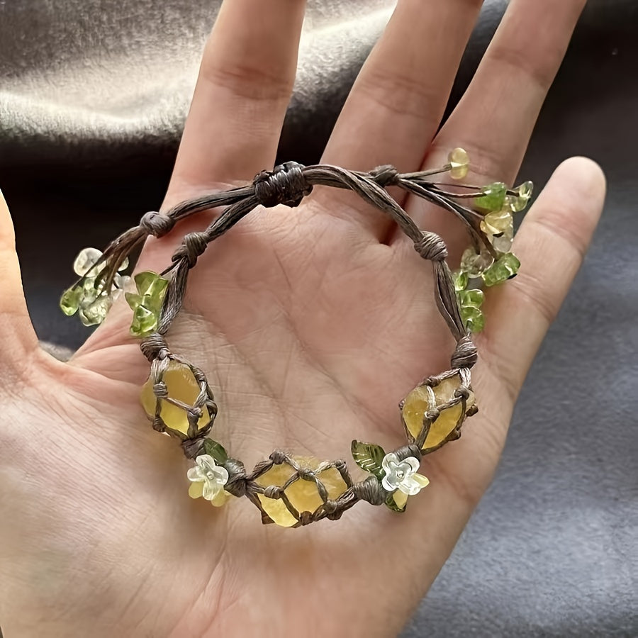 Pulsera de cuerda de yute con cuentas de cristal fluorita hecha a mano bohemia para mujeres