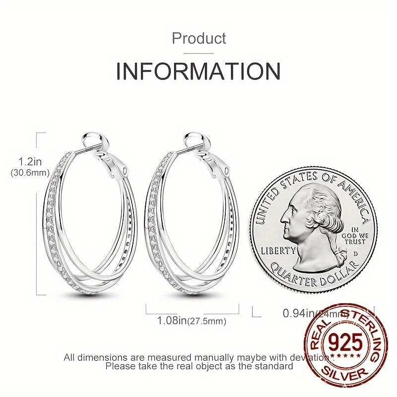 Sterling Silver 925 Earrings with Three Hoops and Zirconia for Women
