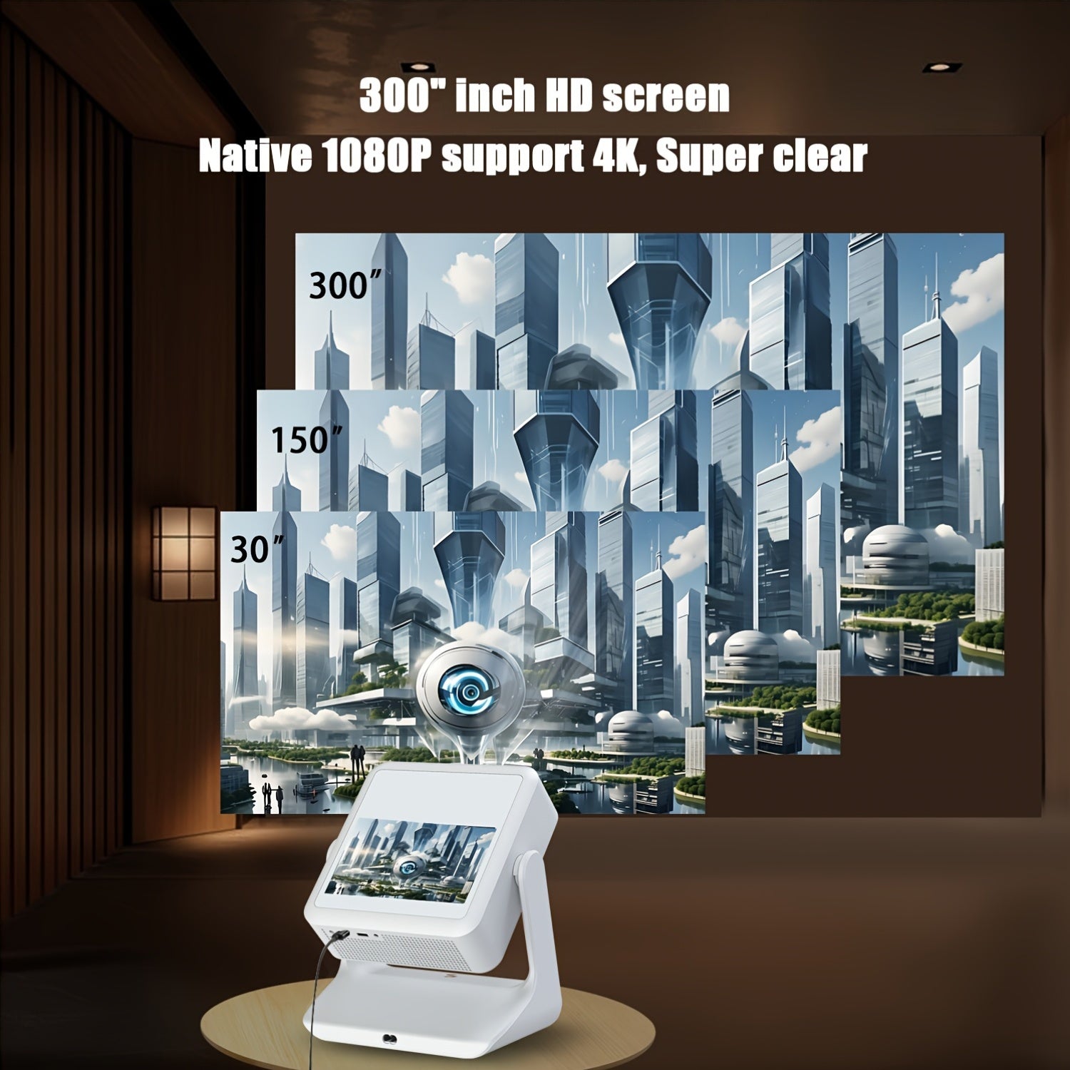 Proyector portátil Full HD 1080P con enfoque automático compatible con Wi-Fi para oficina en casa