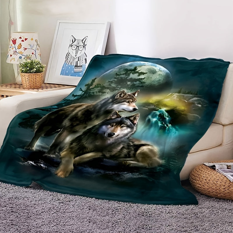 Glam Wolf Moon Green Plush Throw Blanket Hypoallergenic Fleece All-Season