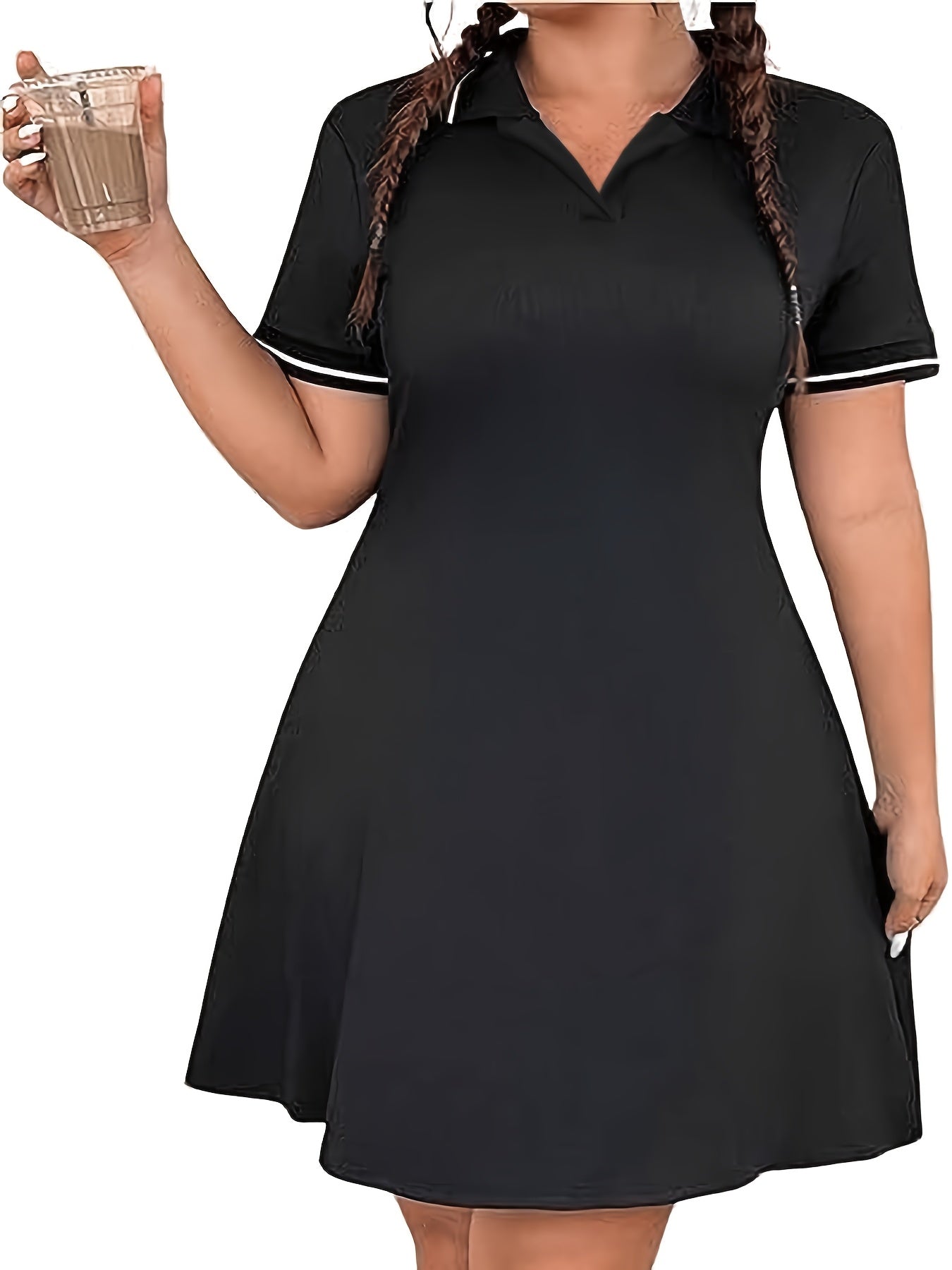 Women's Plus Size Black A-Line Dress with White Trim Short Sleeve Summer Outing Golf Tennis