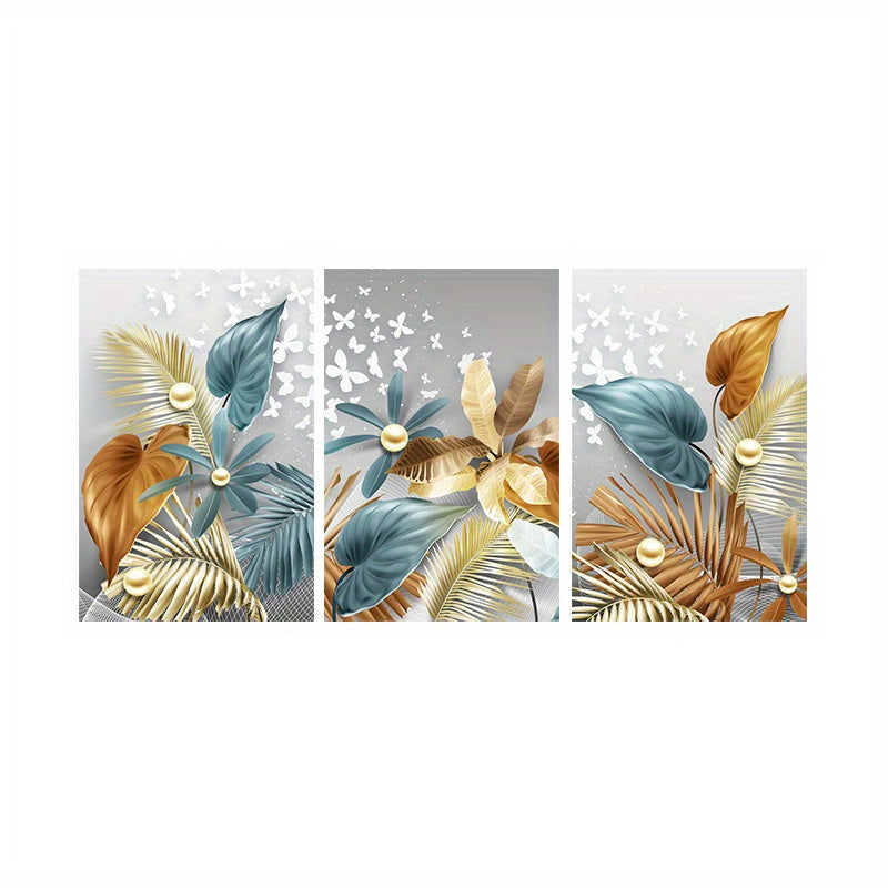 Set of 3 Frameless Modern Golden Butterfly Leaves Canvas Wall Art for Living Room Decor 15.7x23.6 Inches
