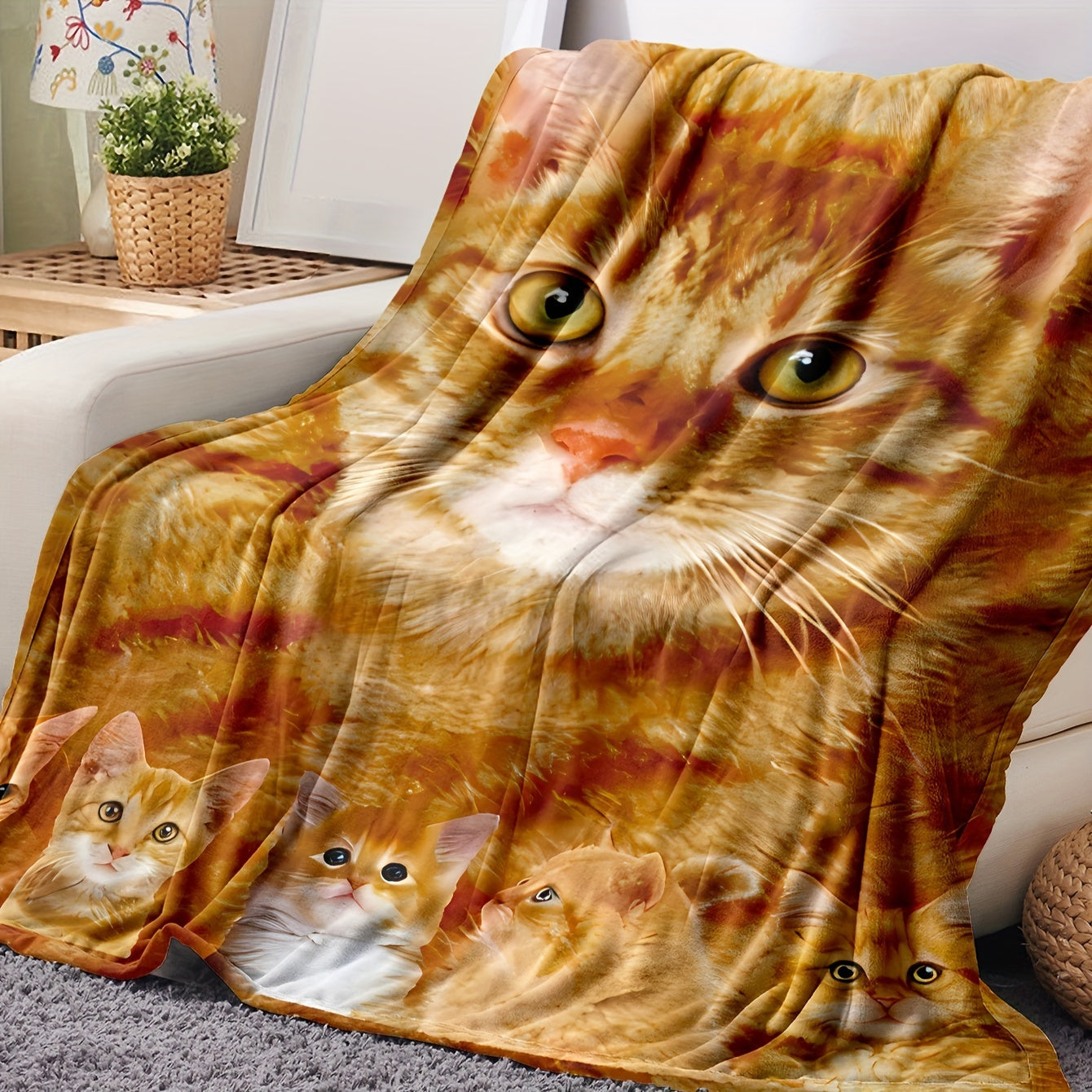 Polyester Digital Print Cat Blanket for Napping Camping Outdoor Activities